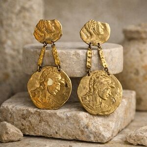 Vintage Roman Coin Statement Earrings Gold Tone Hammered Ancient Emperor Dangle
